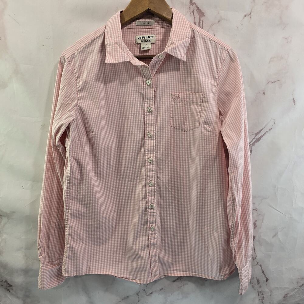 Ariat Shirt Womens Large Pink White Gingham Button Long Sleeve Fitted Real
